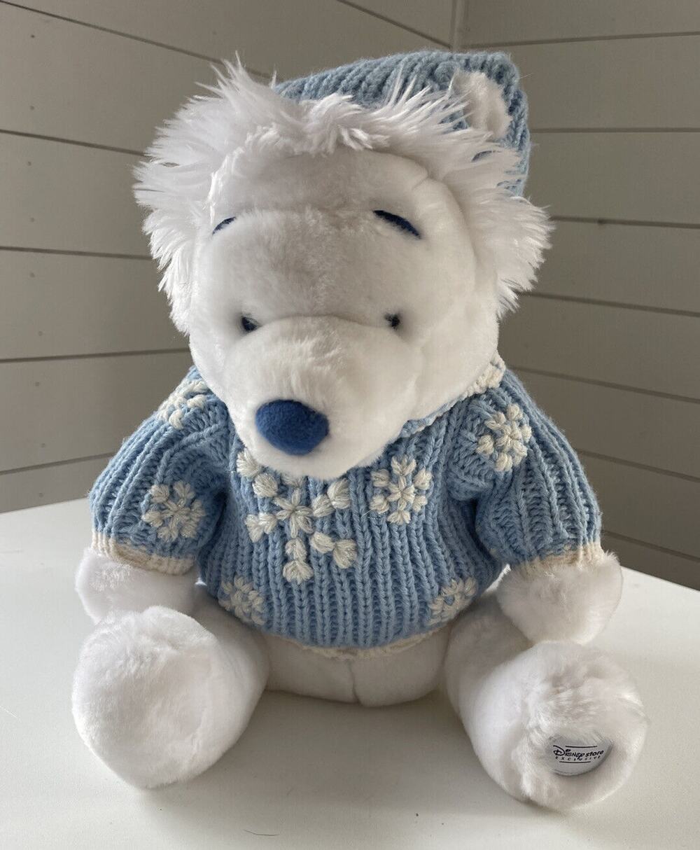 Disney Store Exclusive Winnie The Pooh White Blue Snowflake Sweater Plush